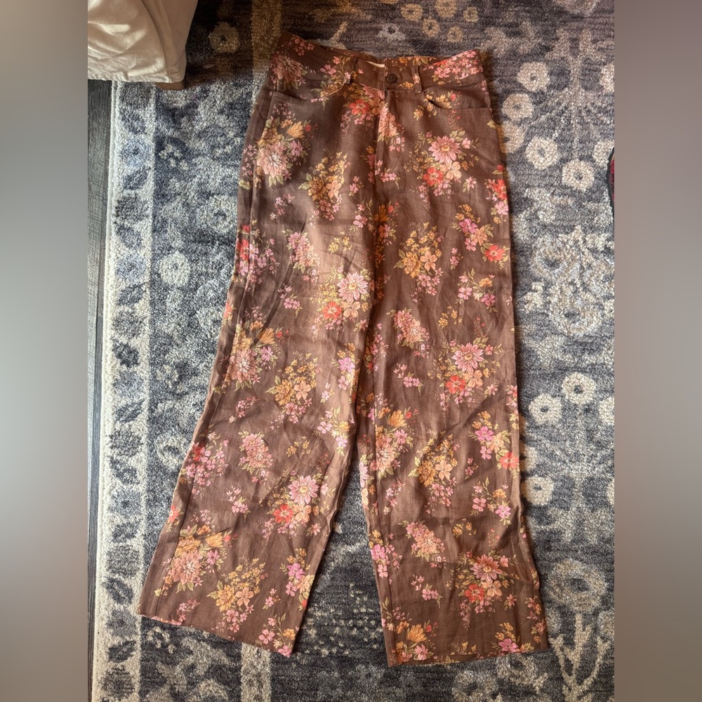 Spell Floral Wide Leg Linen Pants - Brown and Pink
